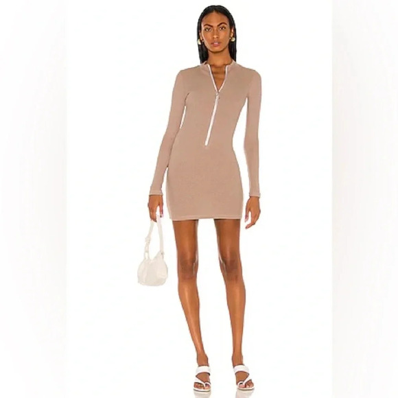 Monrow Ribbed Front Zip Up Dress in Dust Brown Women’s Size Large L - Picture 7 of 7